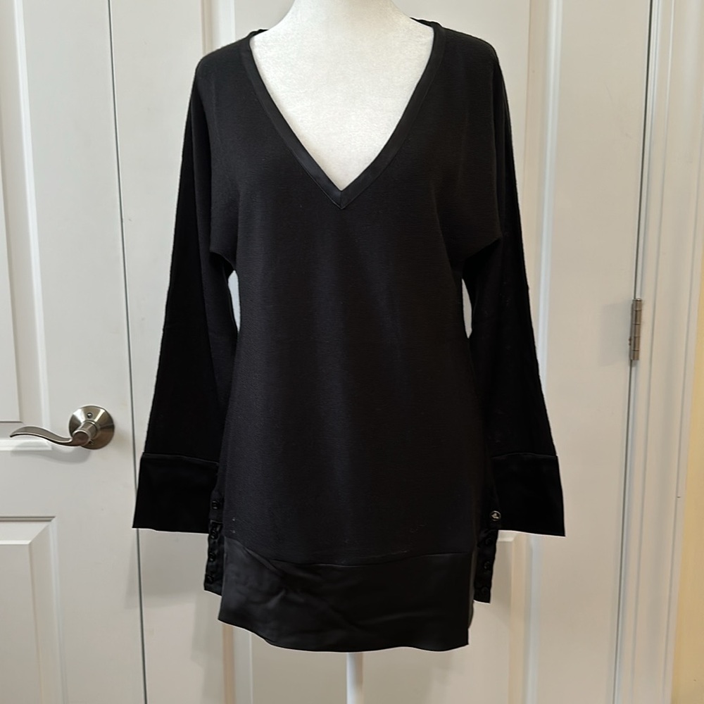 NWT Fiorucci Pullover Dress w/Long Sleeves Silk Cuffs, Hem & Neck Trim Black S